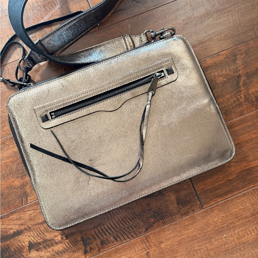 Rebecca Minkoff Regan Satchel Large Pebbled Leather Crossbody Laptop Mettallic